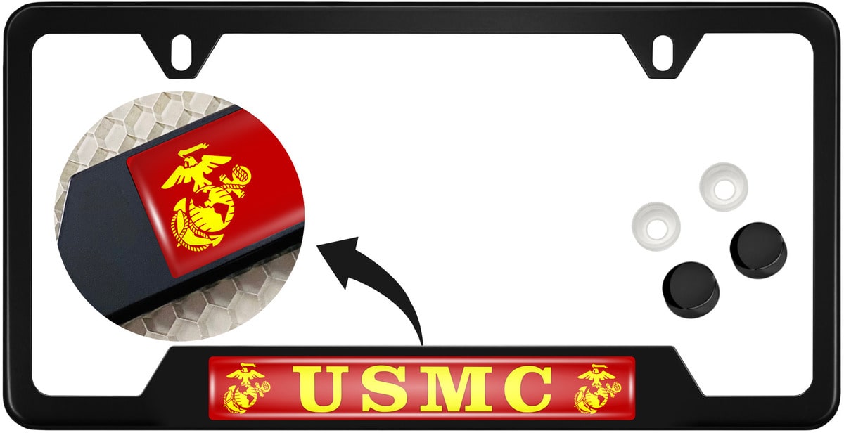 USMC - Marine Corps EGA - Stainless Steel Black 2-hole Car License Plate Frame Questions & Answers