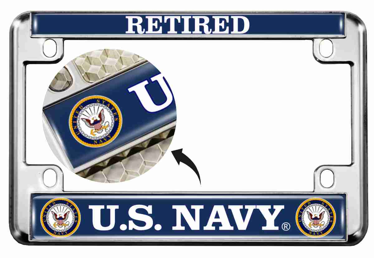 Can I get a motorcycle plate frame with National Defense ribbon up top and US Navy on the bottom