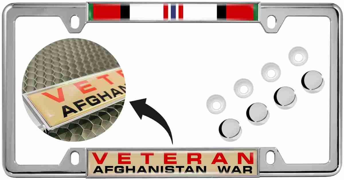 What kind of material is used for the artwork on the license plate frame?