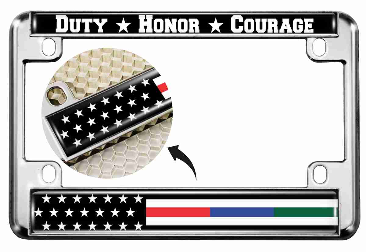 Police, Military and Fire Thin Line American Flag - Motorcycle Metal License Plate Frame