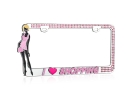 "I LOVE SHOPPING" Chrome Metal License Plate Frame with Pink Crystals
