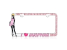 "I LOVE SHOPPING" Chrome Metal License Plate Frame with Pink Crystals