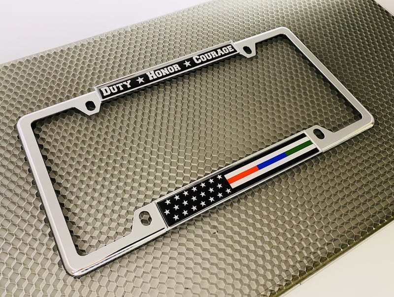 Law Enforcement, Military and Fire American Flag - Car Metal License Plate Frame