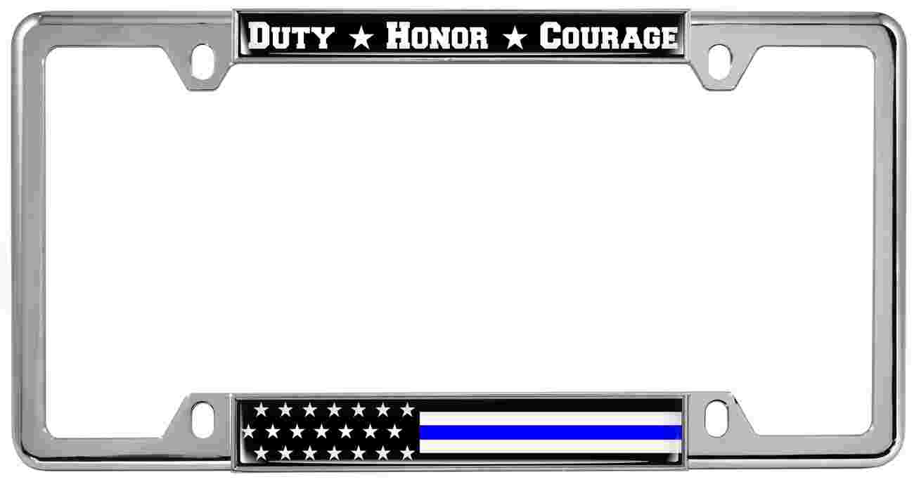 Duty Honor Courage Thin Blue Line with U.S. Flag - Metal License Plate Frame Duty Honor Courage Thin Blue Line with U.S. Flag - Metal License Plate Frame