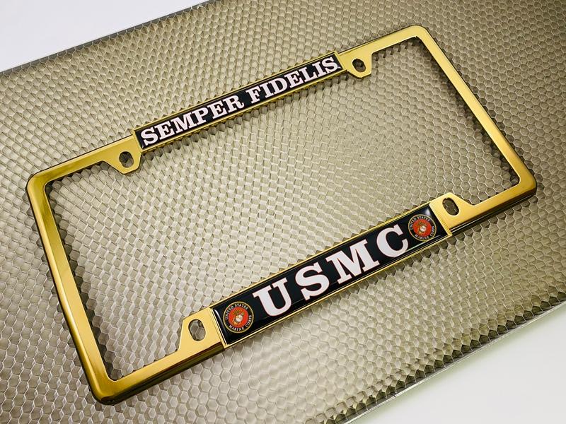 Chrome - Domed Custom-Made Personalized Narrow Red & Yellow Text USMC Semper Fidelis Thin Top 4 Hole Metal Car License Plate Frame with Free caps 