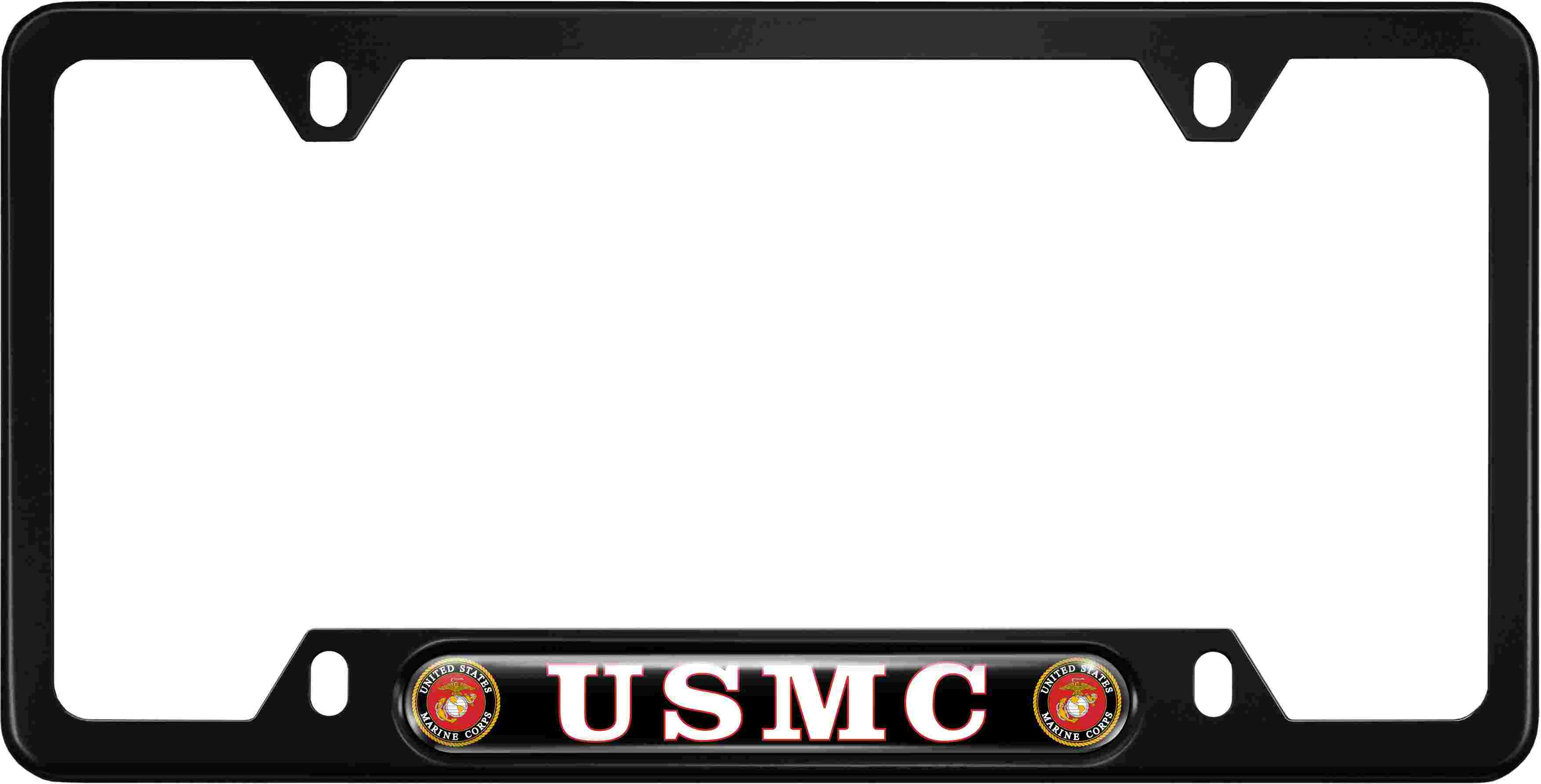 Top 4 Hole Metal Car License Plate Frame with Free caps USMC Semper Fidelis - Domed Custom-Made Personalized Narrow Red & Yellow Text Chrome Thin 