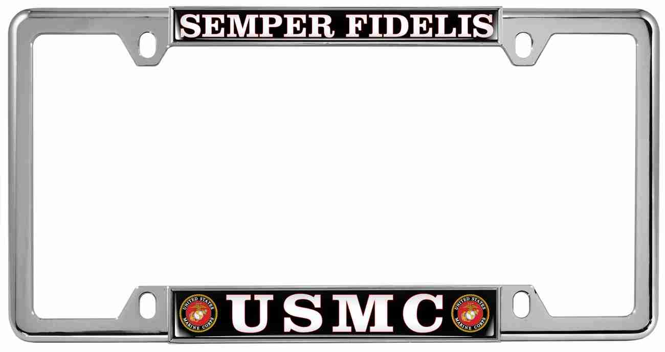 Red & Yellow Text Top 4 Hole Metal Car License Plate Frame with Free caps Thin - Domed Custom-Made Personalized Narrow Chrome USMC Semper Fidelis 