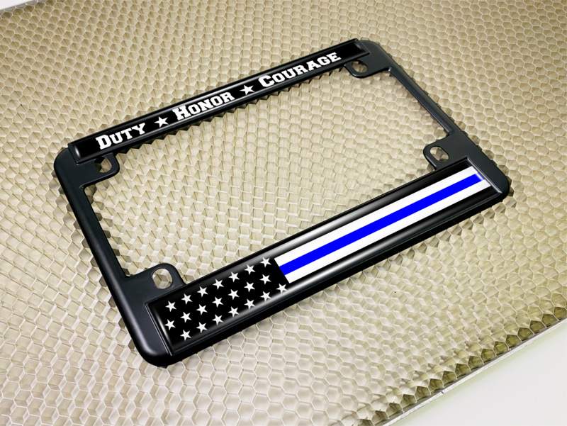 Duty Honor Courage Thin Blue Line U.S. Flag - Motorcycle Metal License Plate Frame